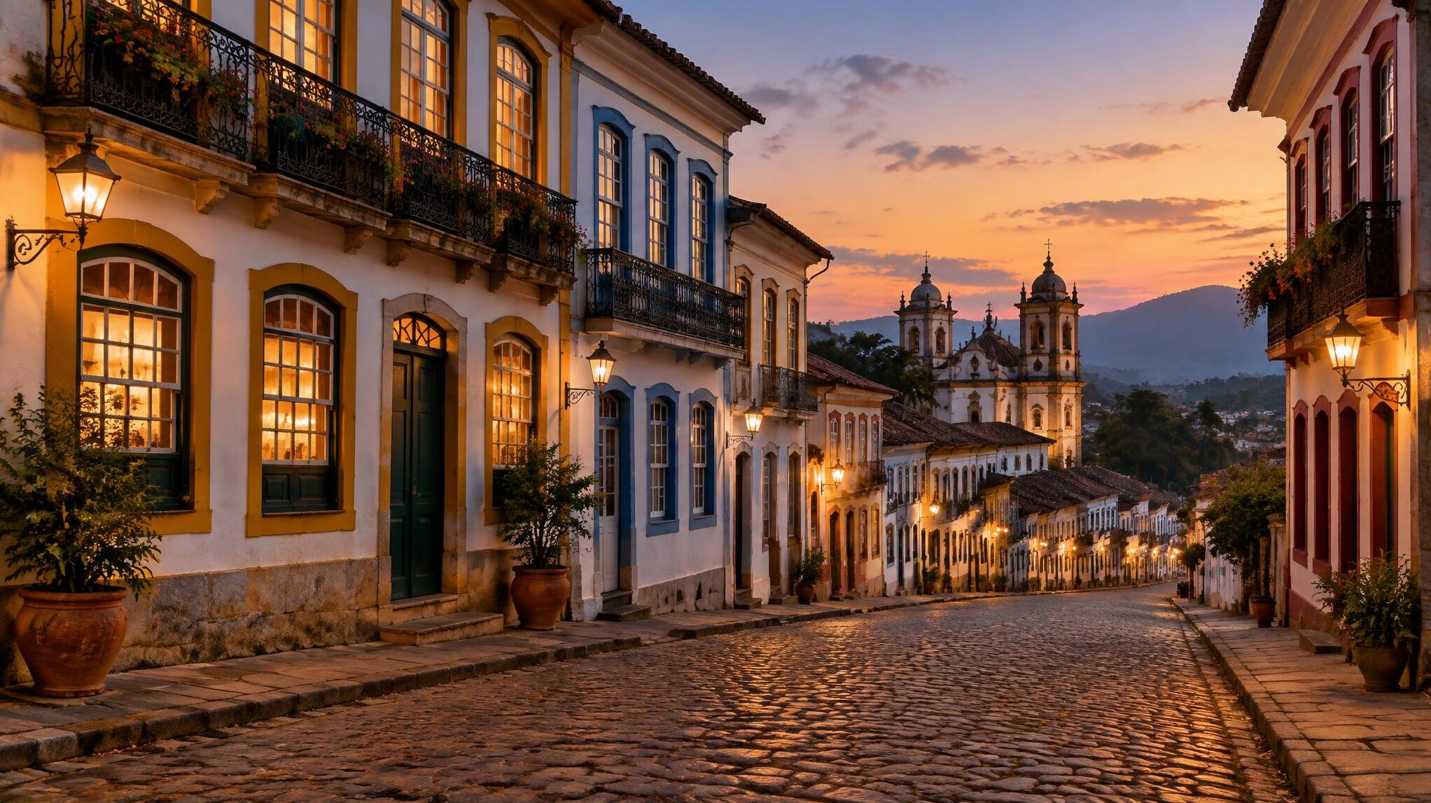 Old city buildings at dusk with warm lights