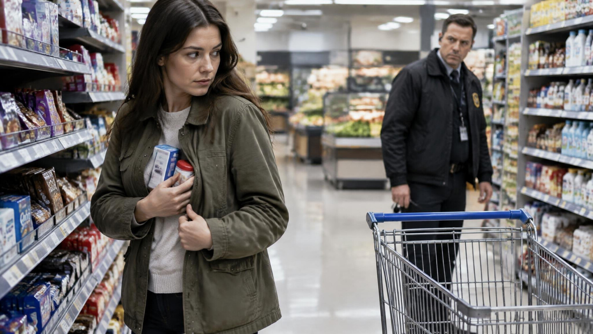 woman hiding items in jacket