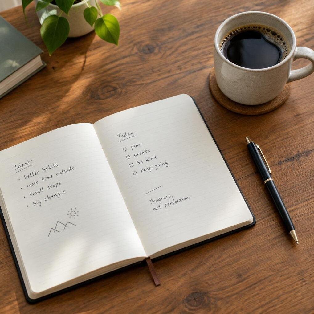 Open notebook with handwritten notes and a pen