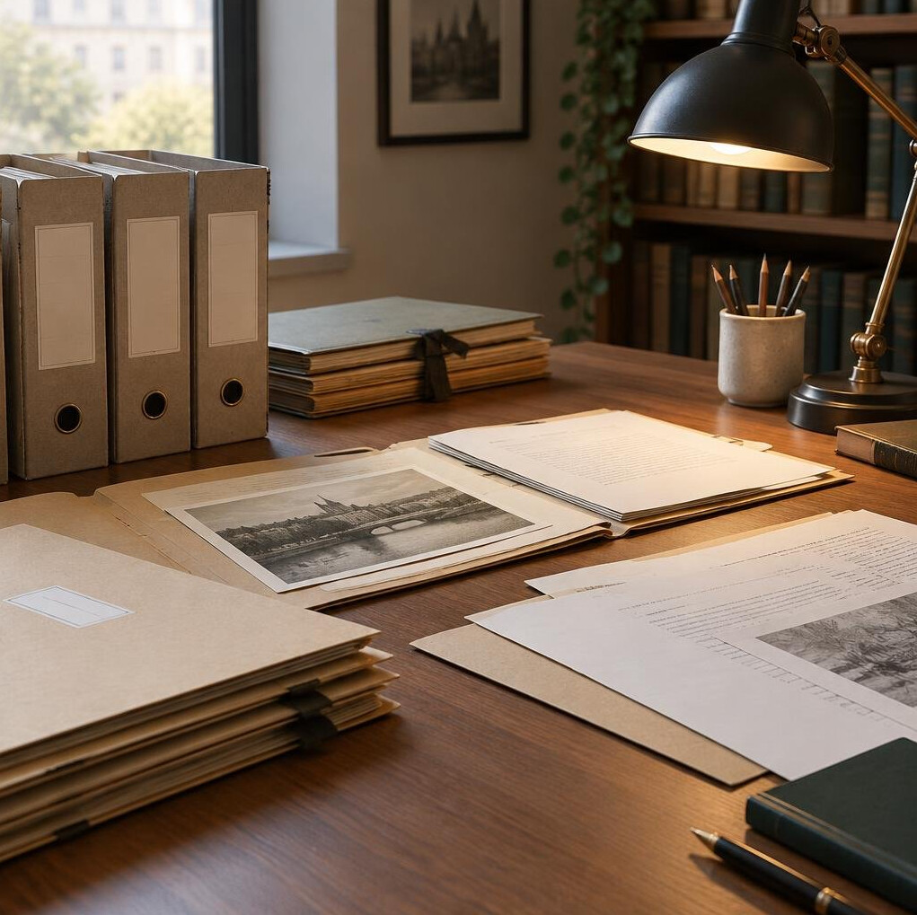 Sheets of documents and folders on a desk