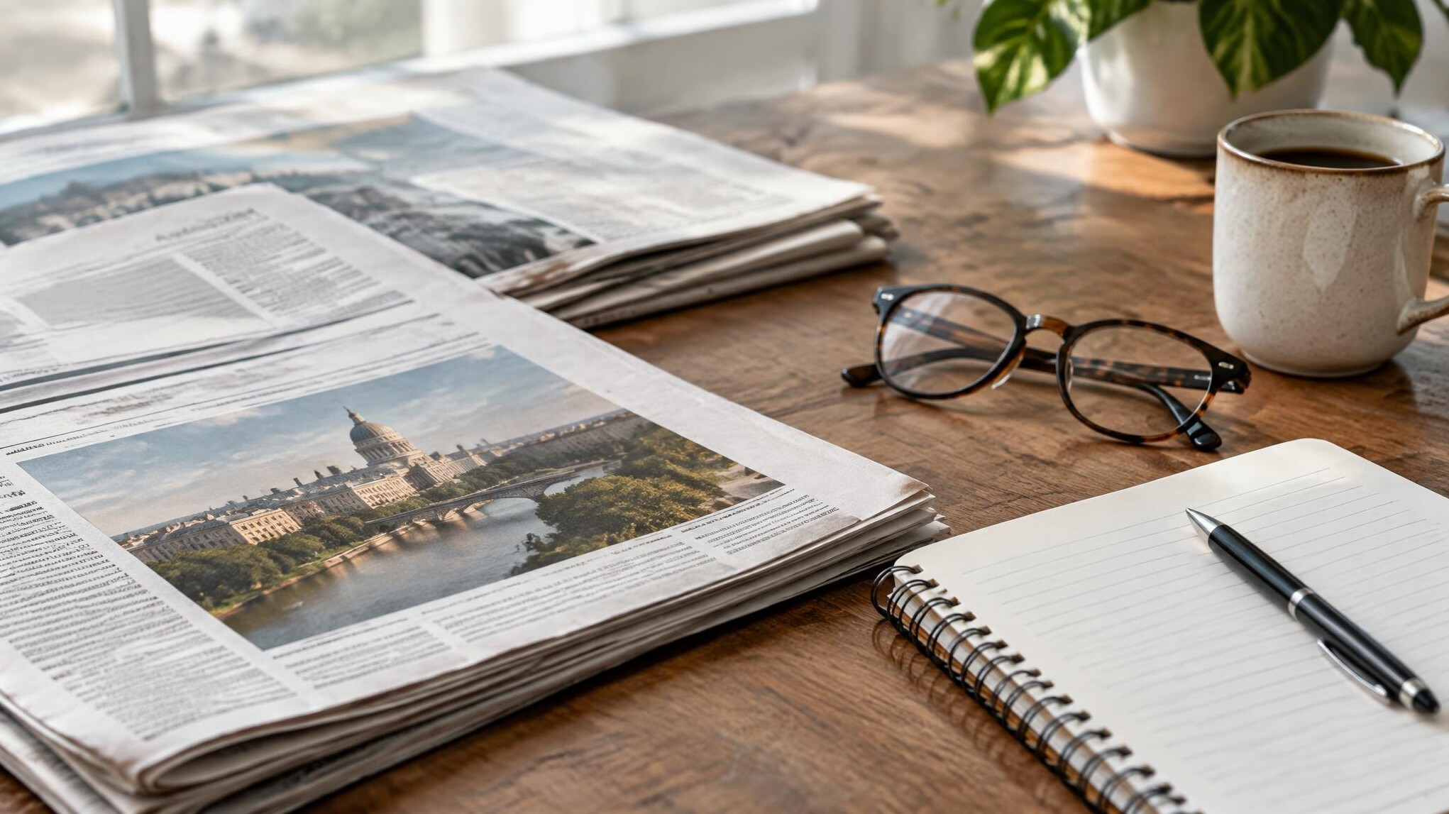 Printed newspapers laid on a table