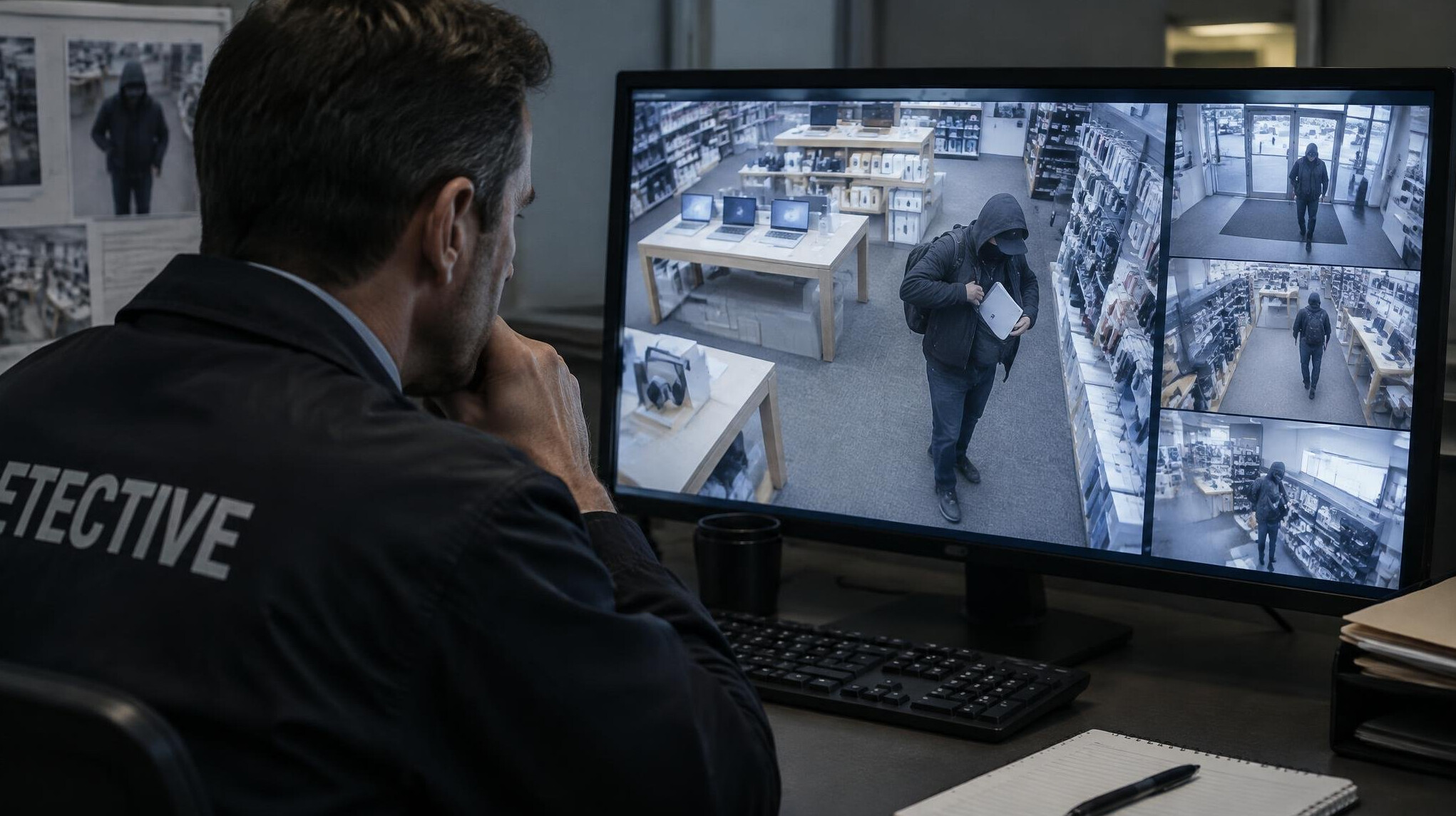 detective reviewing security footage