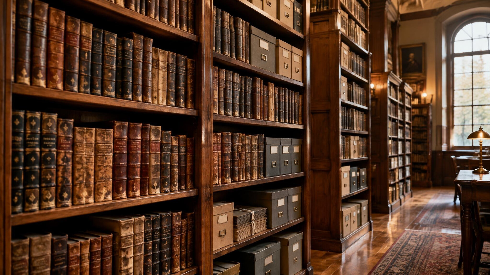 Stacks of old books on shelves