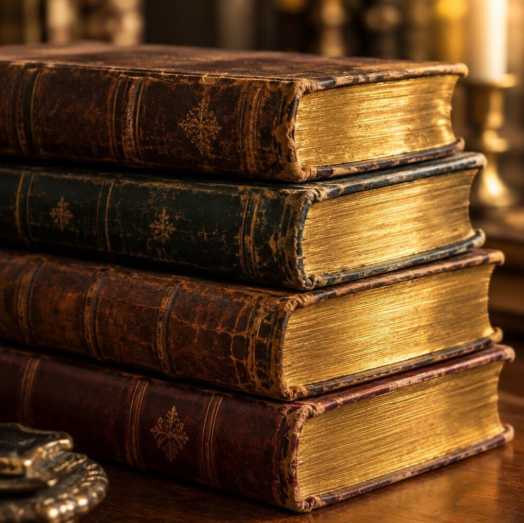 Close-up of old books stacked together
