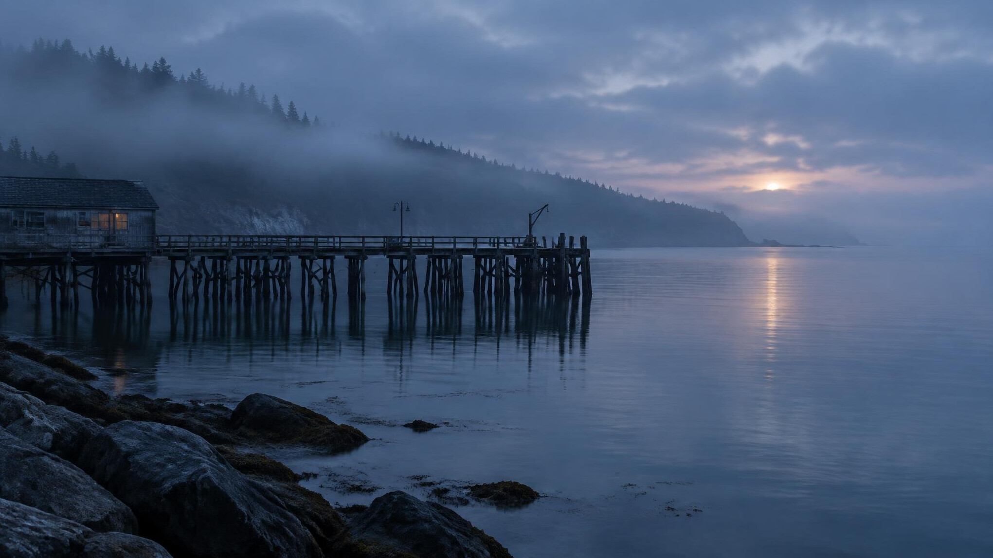 Foggy shoreline with calm water at dusk